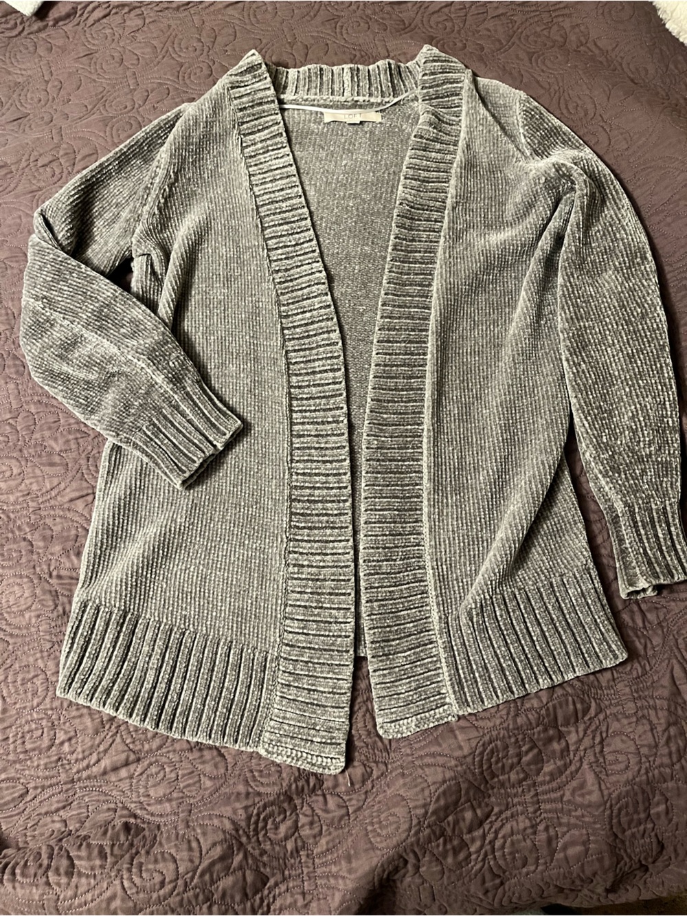 LOFT Silver-Gray Chenille Open-Front Cardigan